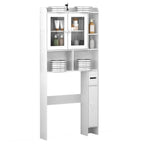 Rustic Brown Over-the-Toilet Storage Cabinet - Space-Saving Bathroom Organizer with Glass Doors & Side Compartment