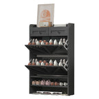 Modern 3-Tier Flip Drawer Shoe Cabinet - Narrow Entryway Organizer for 24-32 Pairs, Black Farmhouse Style