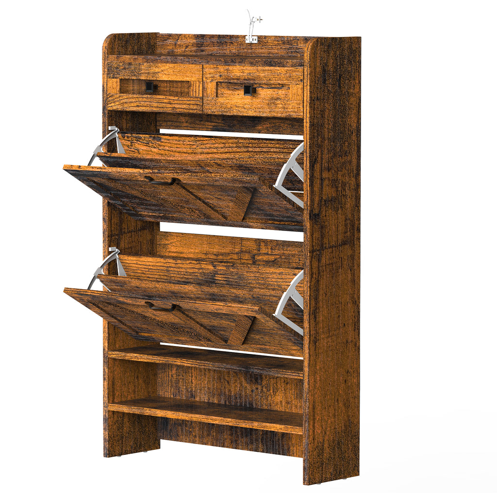 Modern 3-Tier Flip Drawer Shoe Cabinet - Narrow Entryway Organizer for 24-32 Pairs, Black Farmhouse Style