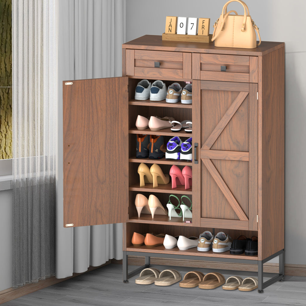 Rustic Brown Freestanding Shoe Storage Cabinet - Barn-Door Style Entryway Organizer with Adjustable Shelves