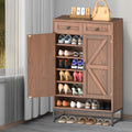Rustic Brown Freestanding Shoe Storage Cabinet - Barn-Door Style Entryway Organizer with Adjustable Shelves