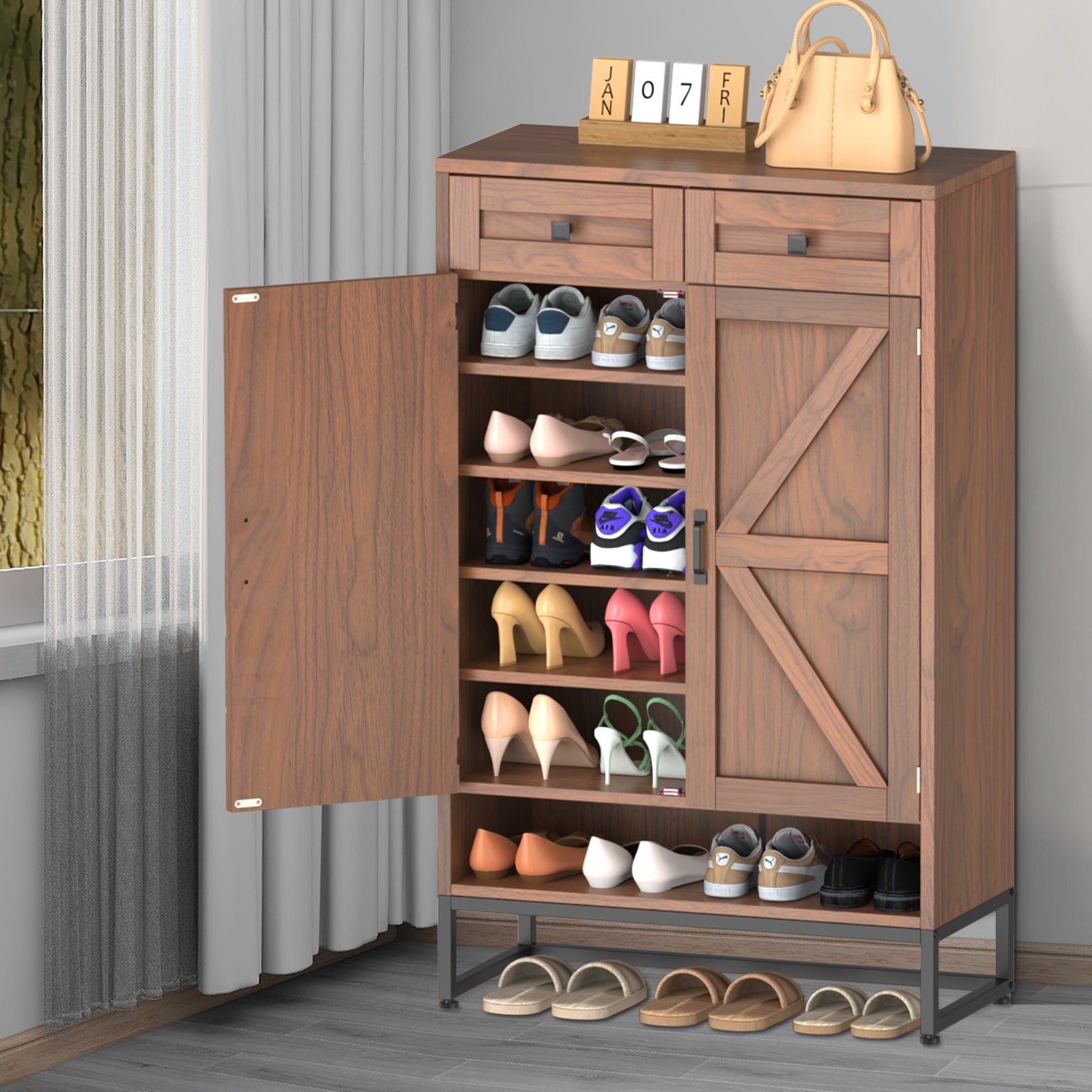 Rustic Brown Freestanding Shoe Storage Cabinet - Barn-Door Style Entryway Organizer with Adjustable Shelves