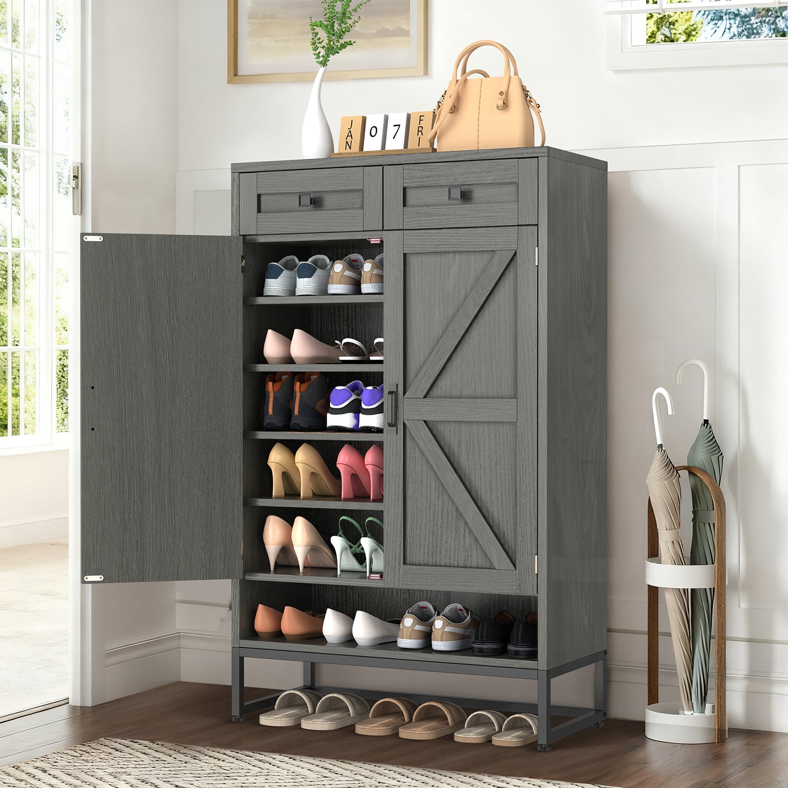 Rustic Brown Freestanding Shoe Storage Cabinet - Barn-Door Style Entryway Organizer with Adjustable Shelves