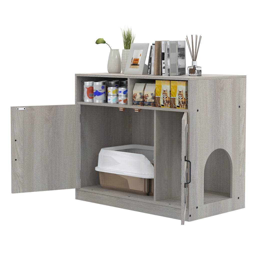 Hidden Cat Litter Box Enclosure Furniture - Modern Grey Pet House with Removable Divider & Storage Shelves