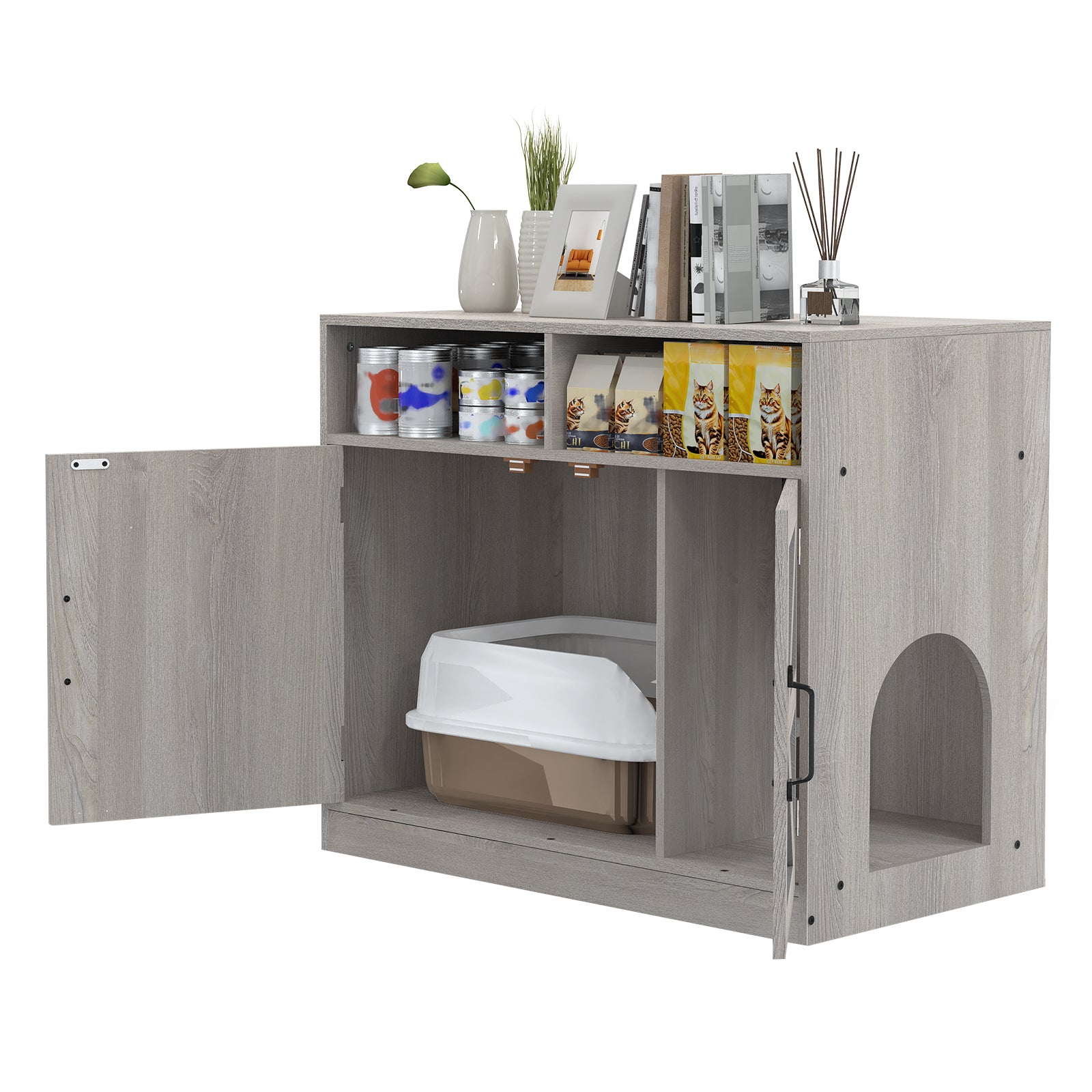 Hidden Cat Litter Box Enclosure Furniture - Modern Grey Pet House with Removable Divider & Storage Shelves