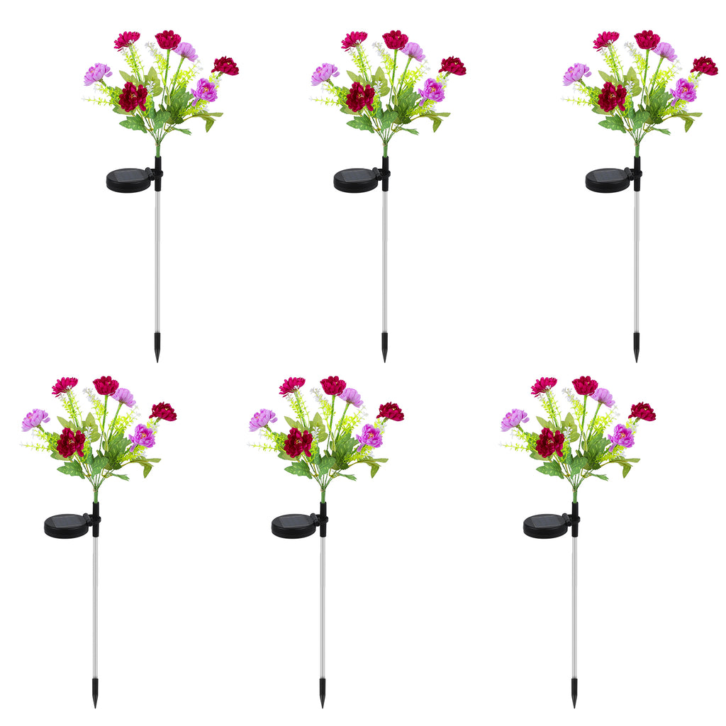 Set of 6 Solar Flower Pathway Lights - Pink & Purple 7-Head Floral Stake Lights for Garden & Yard