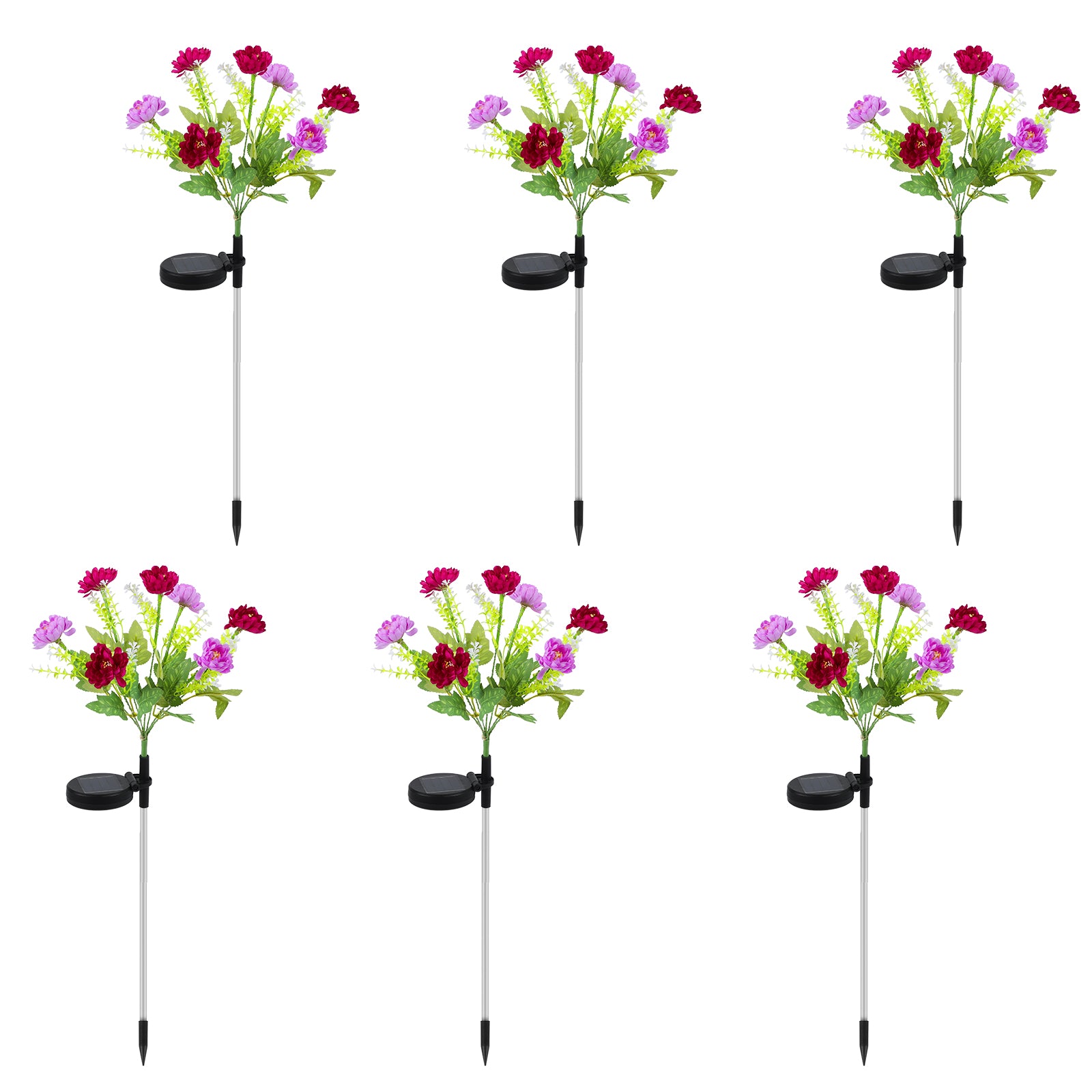 Set of 6 Solar Flower Pathway Lights - Pink & Purple 7-Head Floral Stake Lights for Garden & Yard
