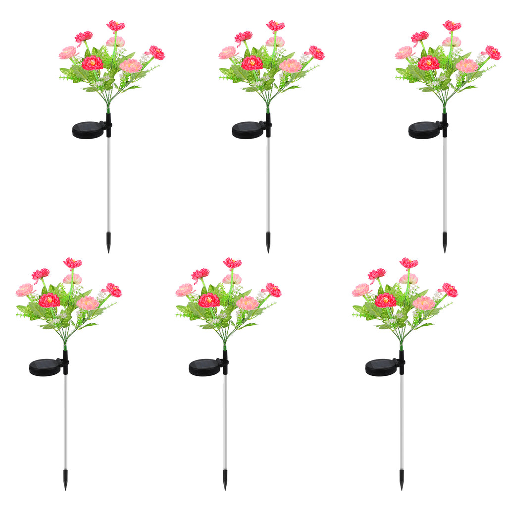 Set of 6 Solar Flower Pathway Lights - Pink & Purple 7-Head Floral Stake Lights for Garden & Yard