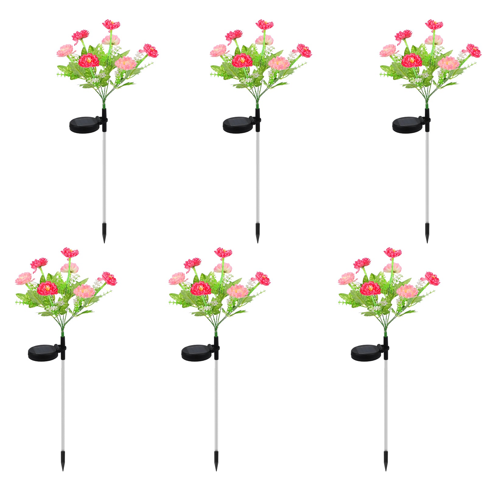 Set of 6 Solar Flower Pathway Lights - Pink & Purple 7-Head Floral Stake Lights for Garden & Yard