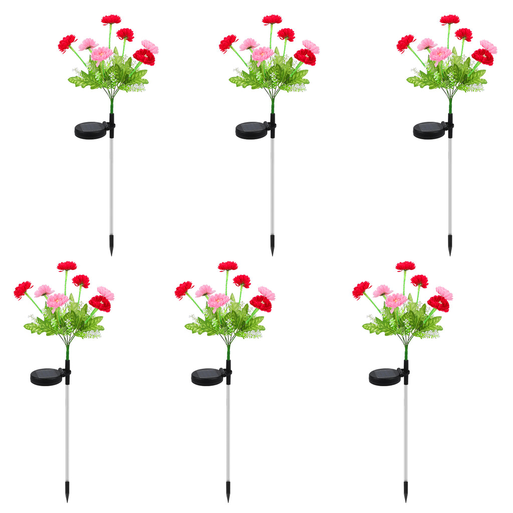 Set of 6 Solar Flower Pathway Lights - Pink & Purple 7-Head Floral Stake Lights for Garden & Yard