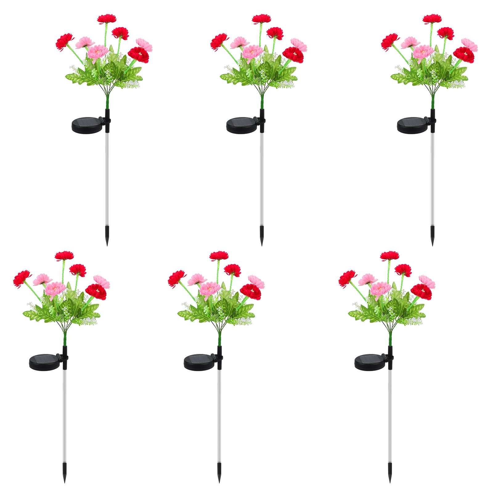 Set of 6 Solar Flower Pathway Lights - Pink & Purple 7-Head Floral Stake Lights for Garden & Yard