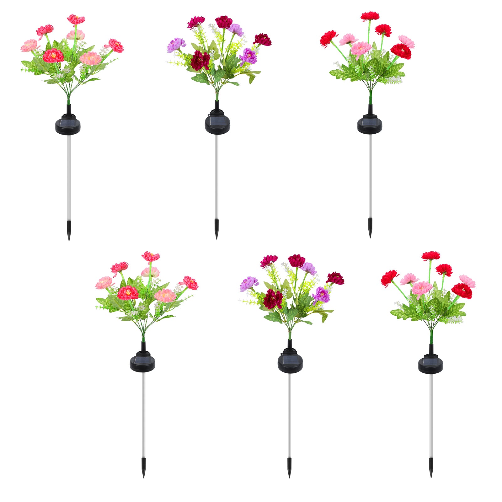 Set of 6 Solar Flower Pathway Lights - Pink & Purple 7-Head Floral Stake Lights for Garden & Yard