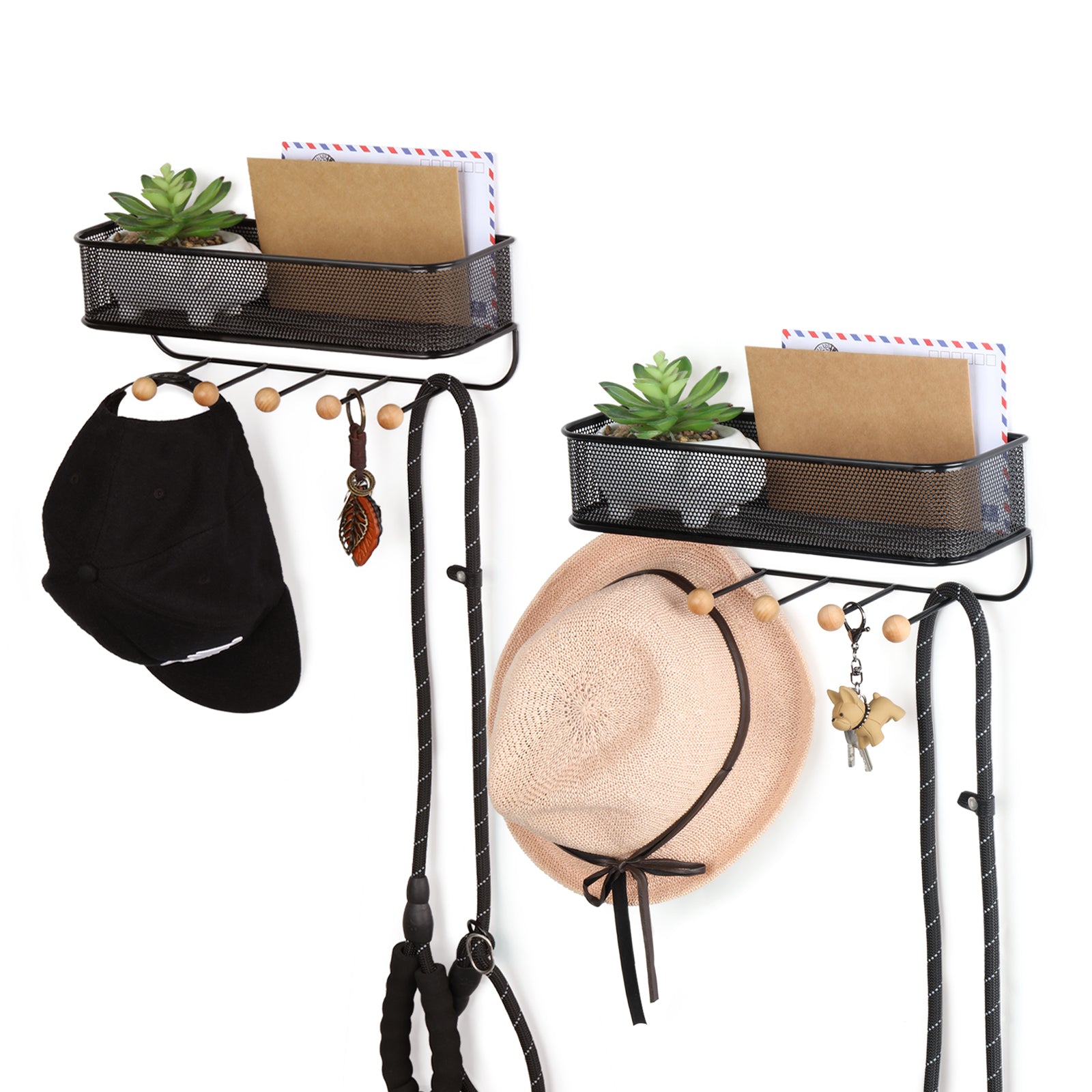 Decorative Wall Mail & Key Rack - 2 Pack Metal Basket Organizer with 5 Hooks for Entryway