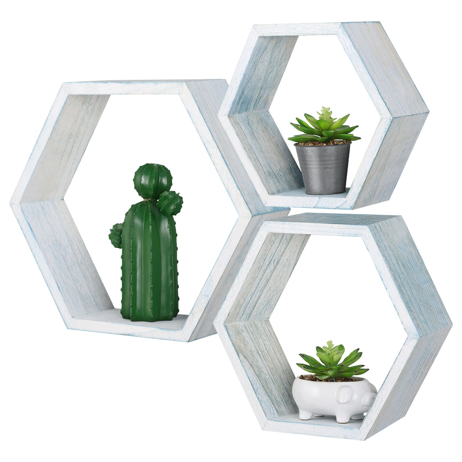 Set of 3 Hexagon Floating Shelves - Rustic Whitewashed Wood Honeycomb Wall Shelves