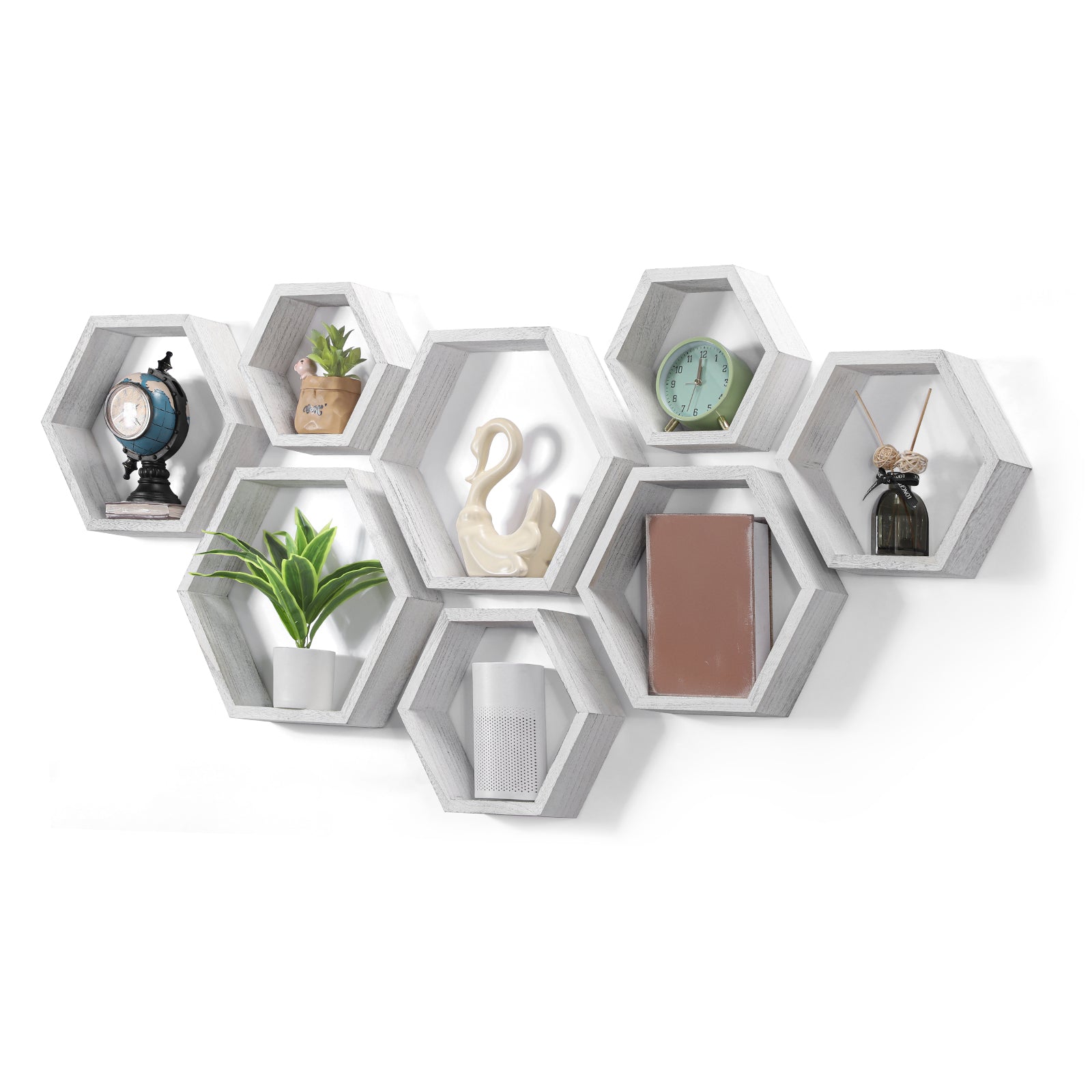 Set of 8 Hexagon Floating Shelves- Rustic White Wood Wall Mount Honeycomb Shelves