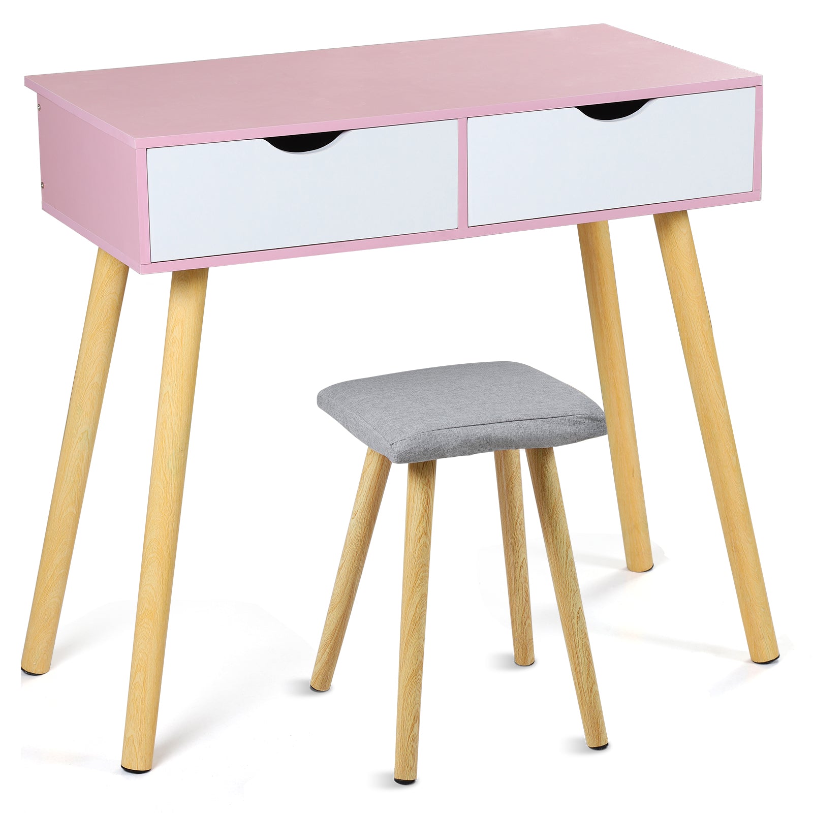 Pink Makeup Vanity Desk Set with Stool-2 Drawer Dressing Table for Girls & Teens