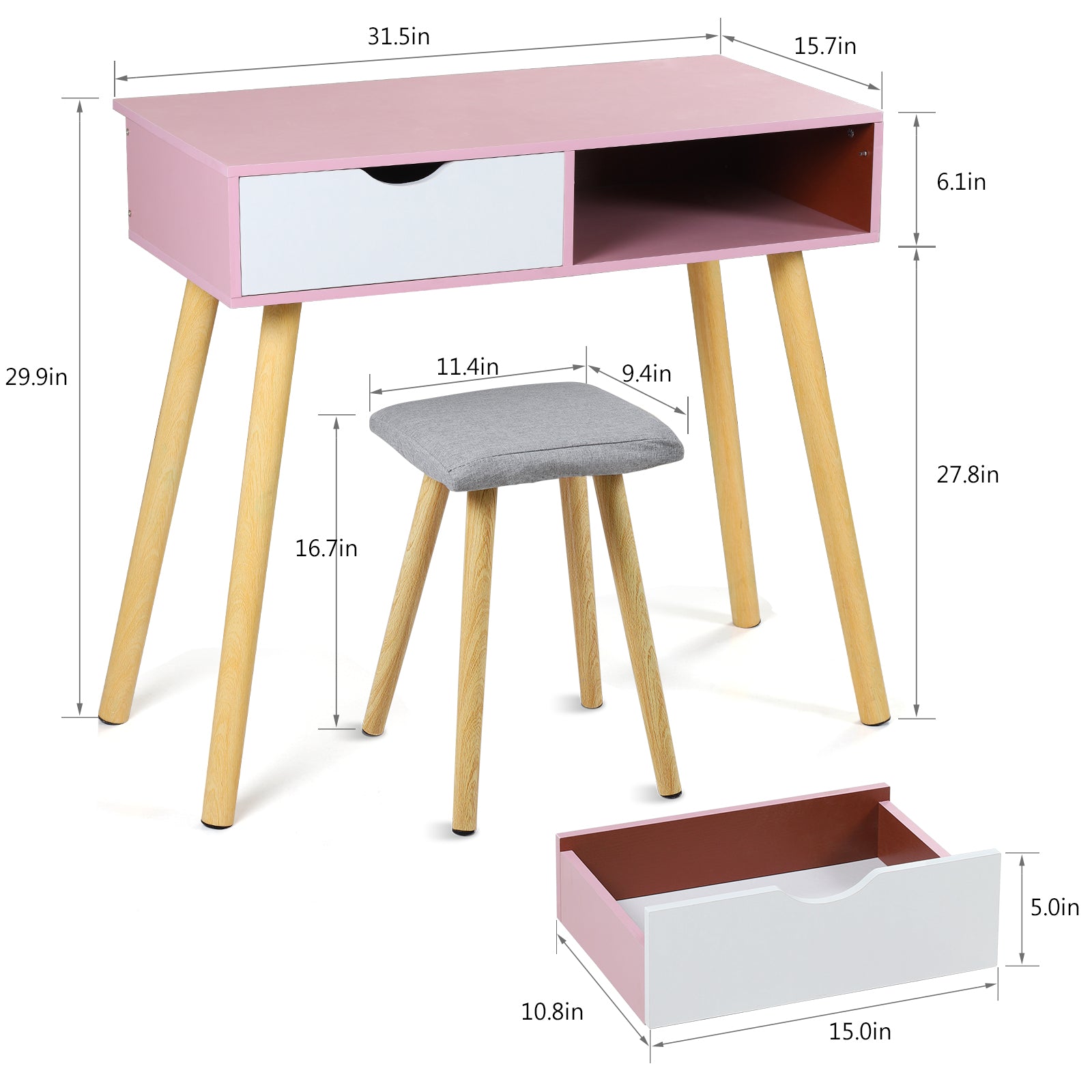 Pink Makeup Vanity Desk Set with Stool-2 Drawer Dressing Table for Girls & Teens