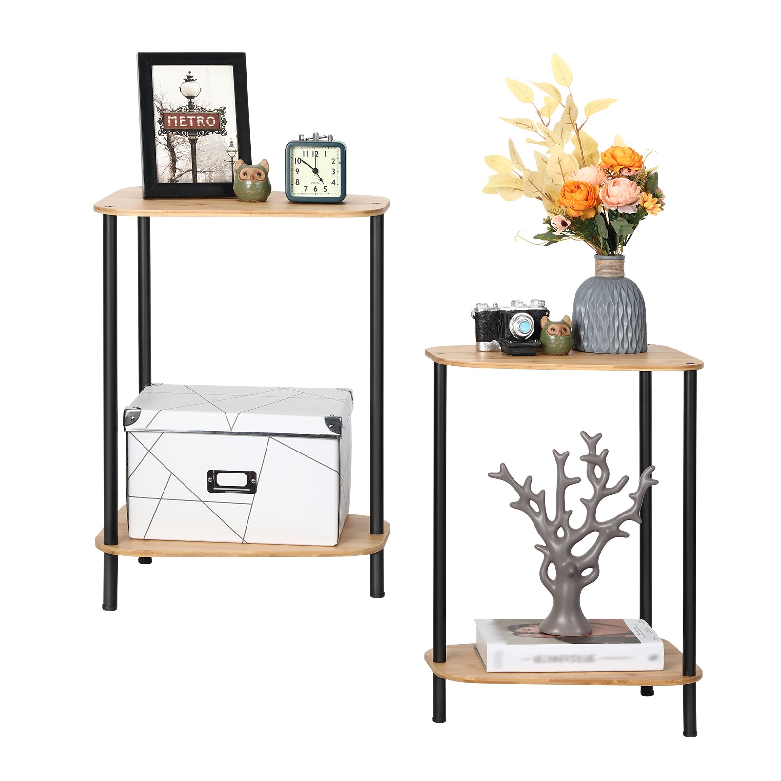 Modern Triangle Bamboo End Table Set (2 Pieces) - 2-Tier Storage Side Tables with Metal Legs