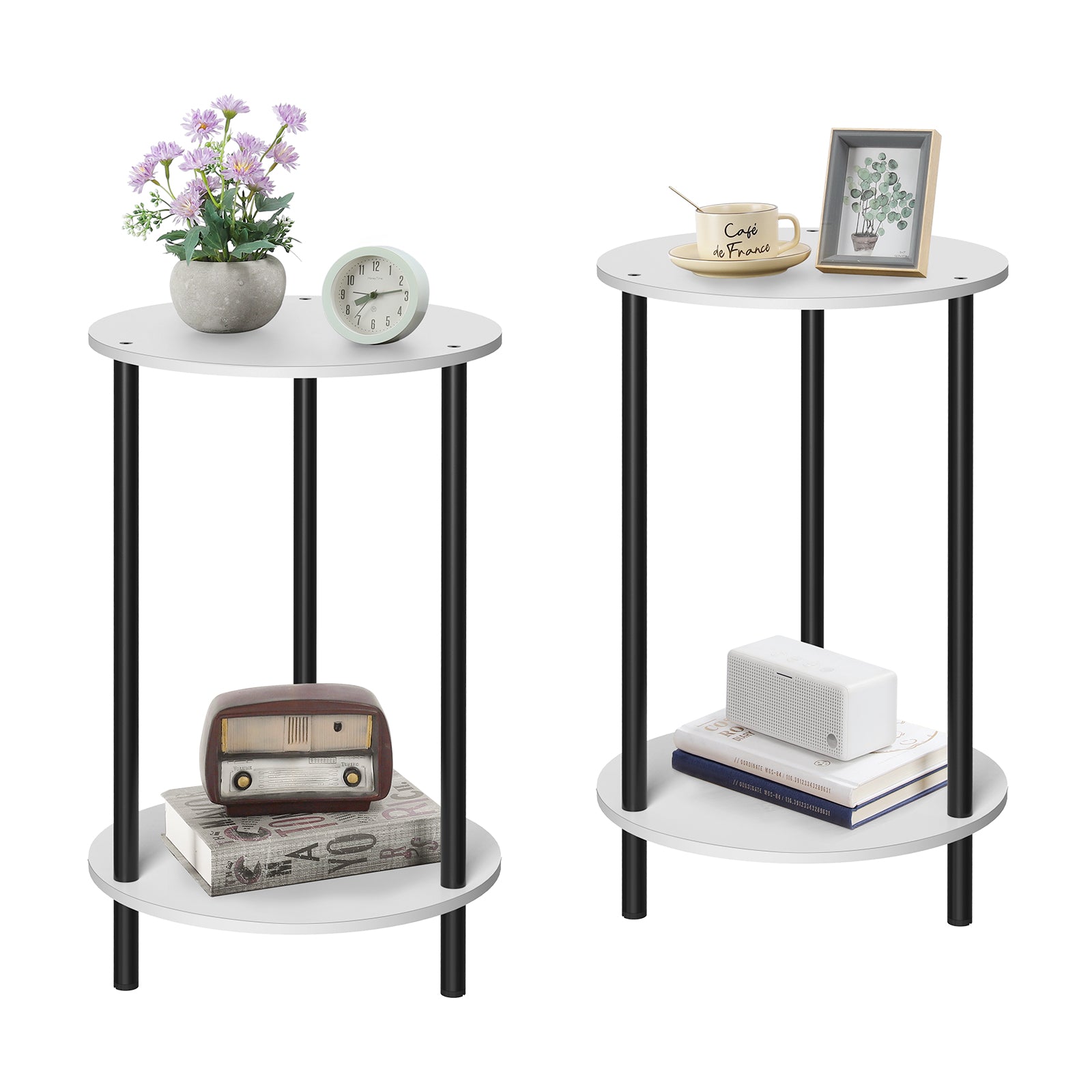 Small Round End Table Set of 2 - 2-Tier Rustic Accent Tables w/ Storage Shelf, Yellow