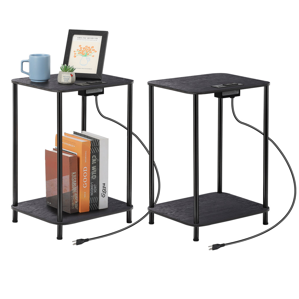 Set of 2 Black End Tables with Charging Station - 2-Tier Nightstands with USB & Outlets
