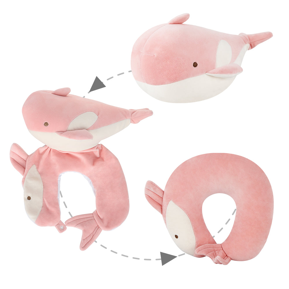 2-in-1 Deformable Sperm Whale Travel Neck Pillow, Pink, U-Shaped for Airplane & Car Support