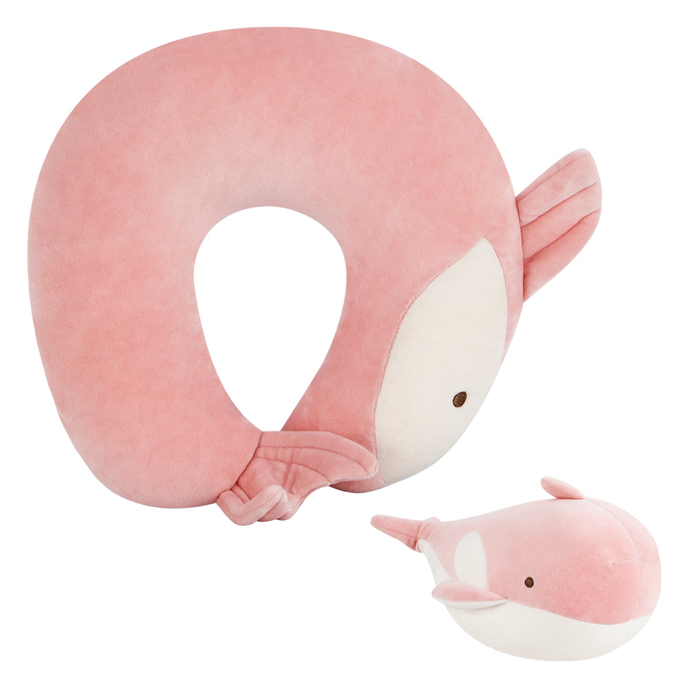2-in-1 Deformable Sperm Whale Travel Neck Pillow, Pink, U-Shaped for Airplane & Car Support