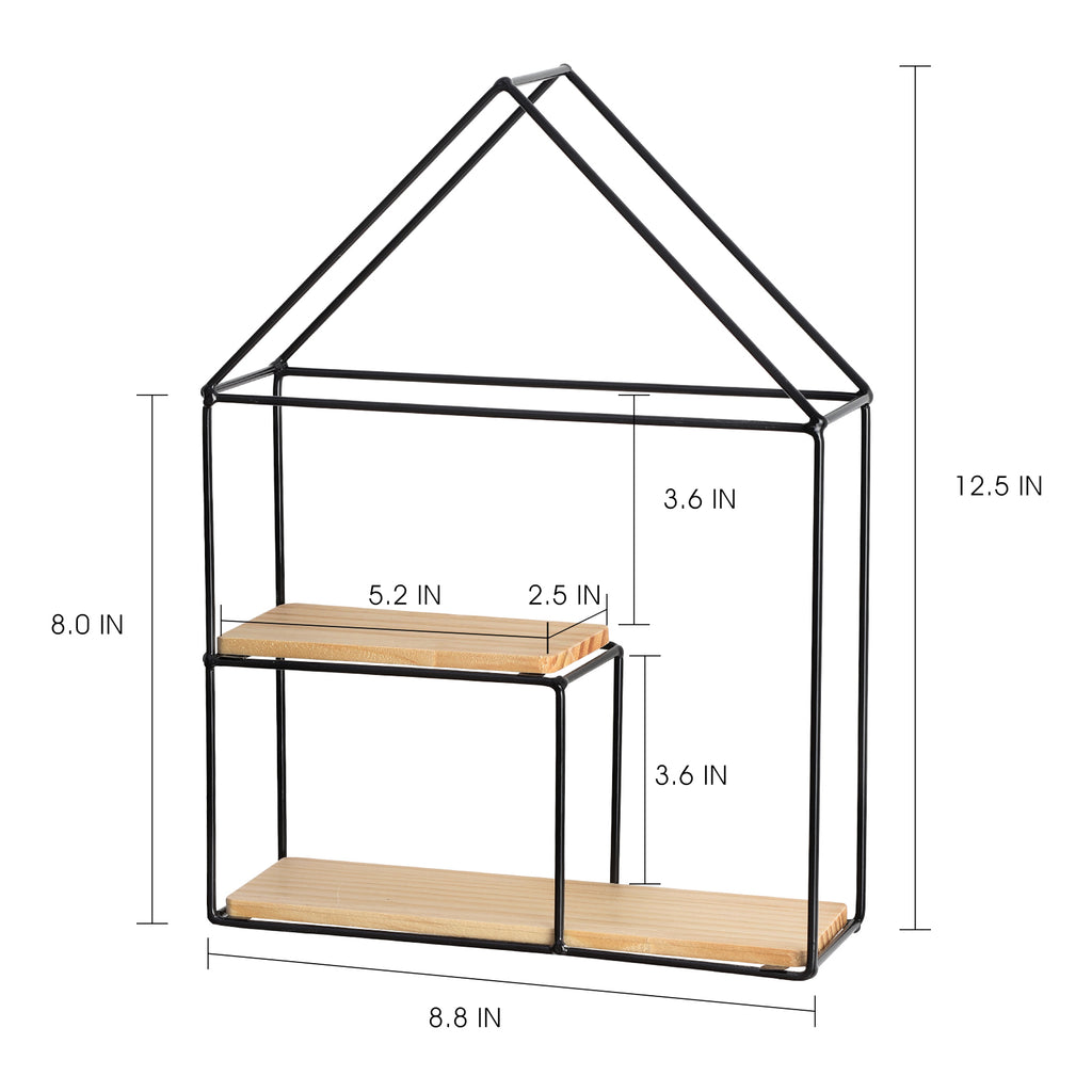 Modern Minimalist Wall Shelf - Black Metal & Wood House-Shaped Floating Organizer