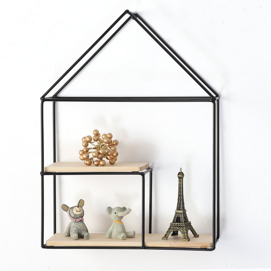 Modern Minimalist Wall Shelf - Black Metal & Wood House-Shaped Floating Organizer