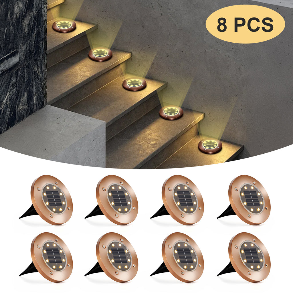 8 Pack Solar In-Ground Lights, Bronze 8-LED Waterproof Disc Lights, Auto On/Off Solar Landscape Lights for Pathway, Yard, Patio, Walkway
