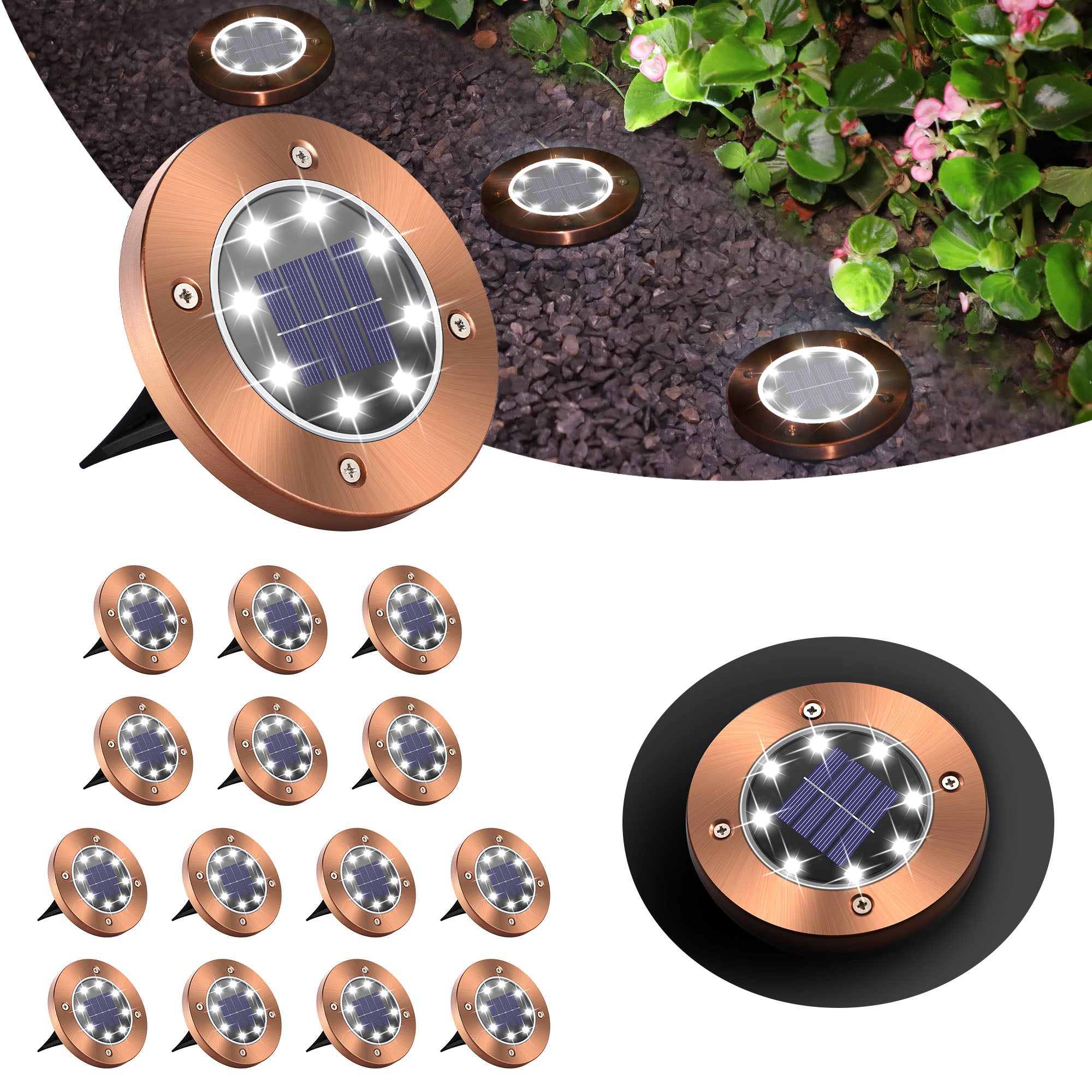 16 Pack Solar Lights Outdoor, 8LED Solar Ground Lights, Pathway Solar Garden Lights Landscape Lighting, In Ground Lights for Pathway, Patio, Lawn, Deck, Driveway, Walkway (Cool White)