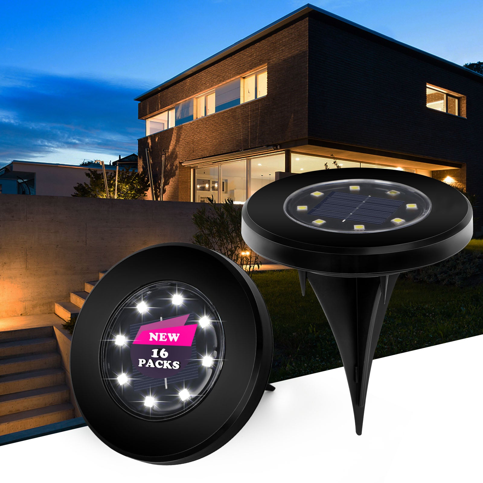 16 Pack Solar Lights Outdoor, 8LED Solar Ground Lights, Pathway Solar Garden Lights Landscape Lighting, In Ground Lights for Pathway, Patio, Lawn, Deck, Driveway, Walkway (Cool White)