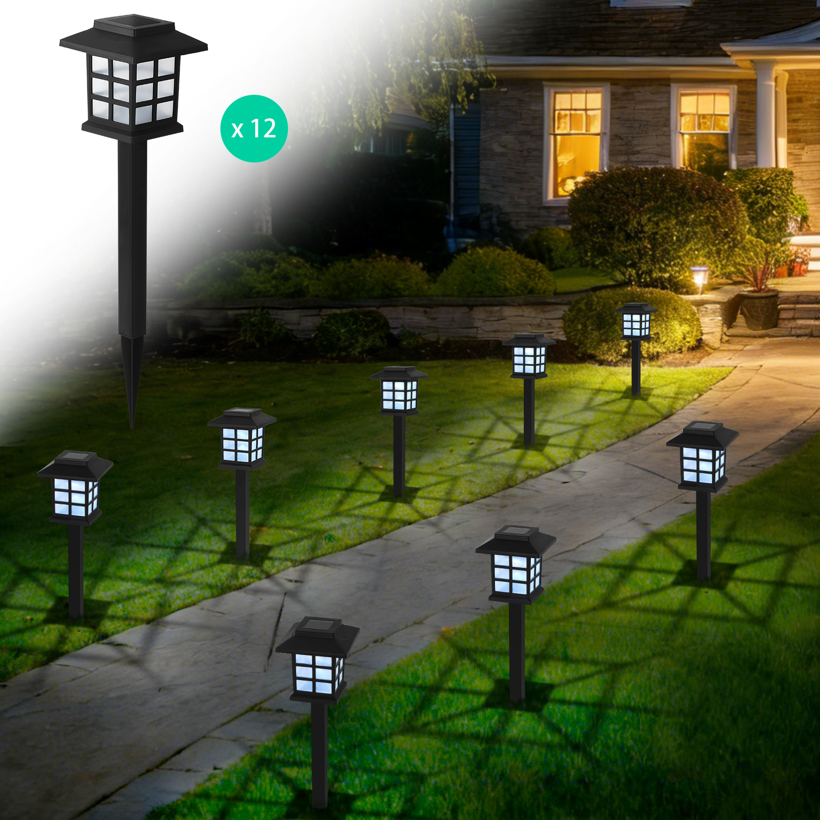 12-Pack Solar Pathway Lights, Waterproof Cold White LED Walkway Lamps for Yard, Driveway & Patio