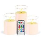 Flameless Glass Pillar Candles Set of 3, Remote Control with Timer, Realistic Flickering LED & USB Rechargeable, Safe Holiday Home Decor & Gift Idea