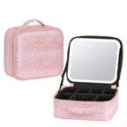 LED Makeup Travel Case with Mirror, 3 Adjustable Light Modes Portable Cosmetic Bag with Adjustable Dividers, Waterproof Pink Snake-Print Makeup Organizer for Women