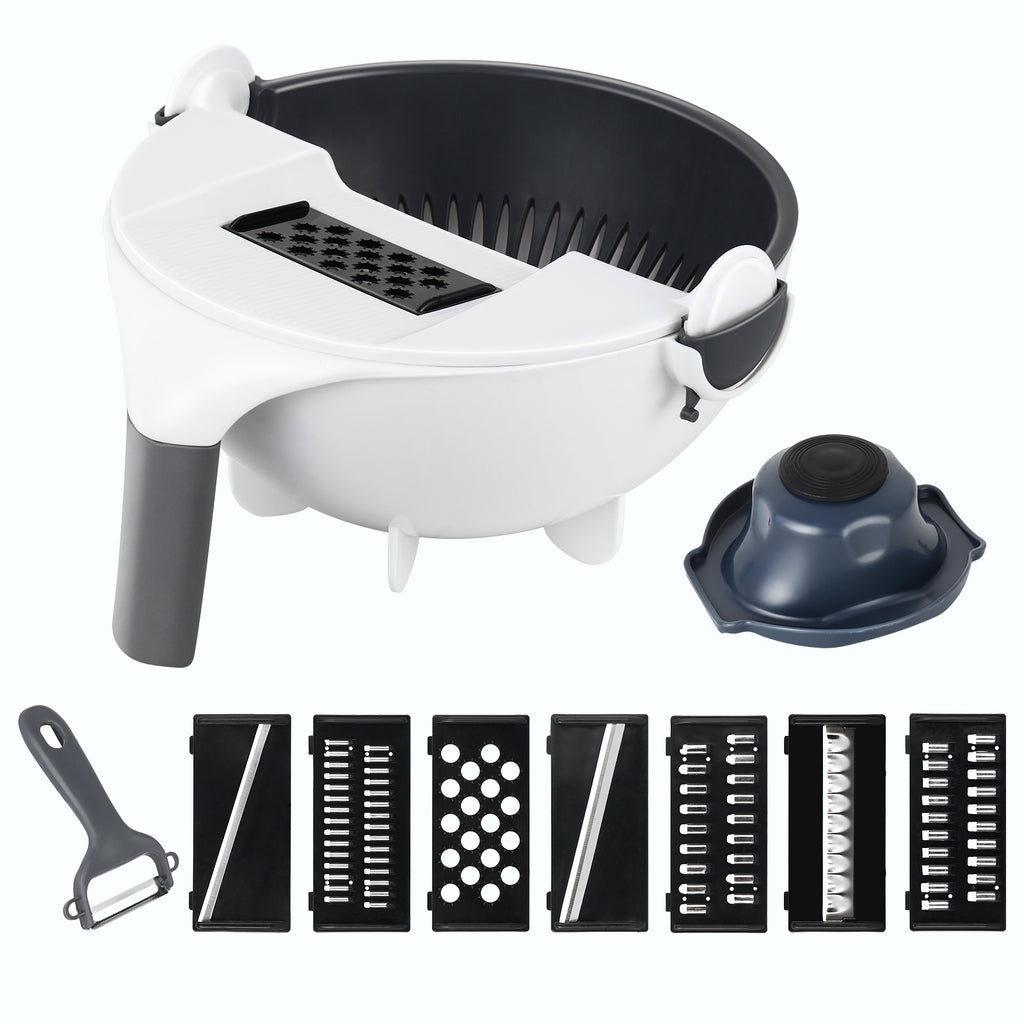 Multifunctional Vegetable Cutter with Draining Basket, 7-in-1 Manual Food Chopper, Slicer & Grater Set with Drain Bowl for Kitchen