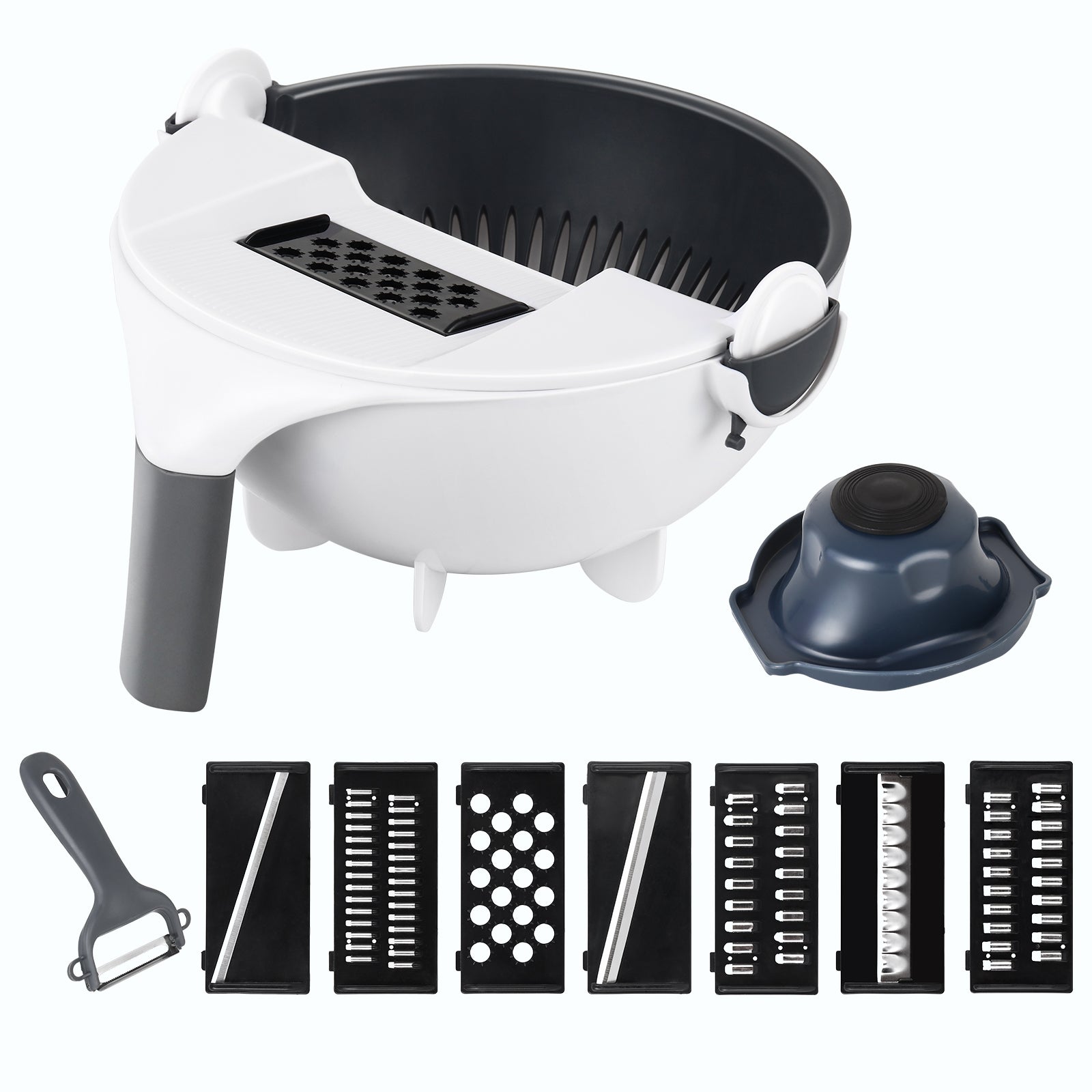 Multifunctional Vegetable Cutter with Draining Basket, 7-in-1 Manual Food Chopper, Slicer & Grater Set with Drain Bowl for Kitchen