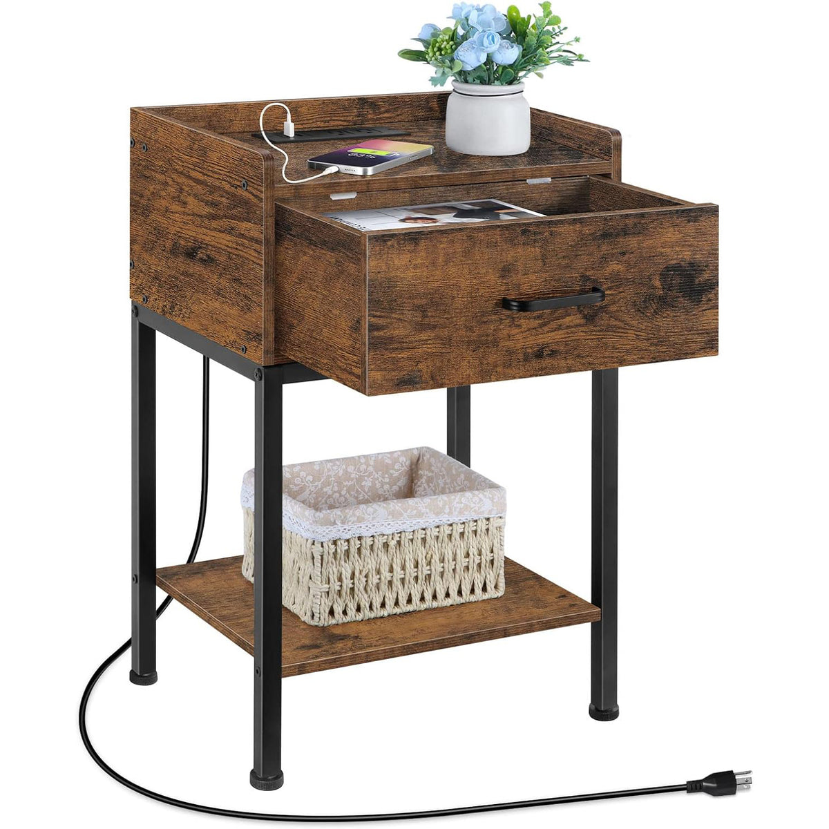 Nightstand with Charging Station - 2-Tier End Table with Drawer & USB Ports for Bedroom