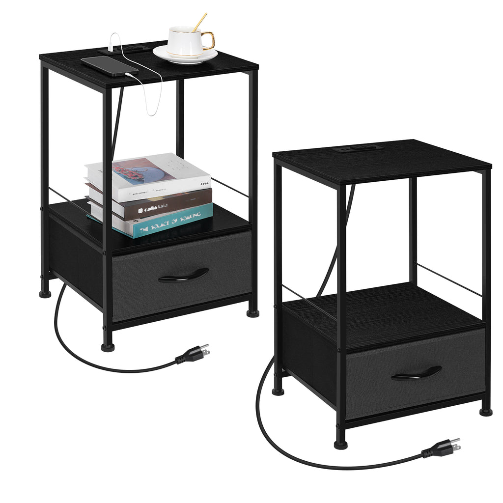 Black Nightstand with Charging Station, Bedside Table with USB Ports & Fabric Drawer, 2-Pack