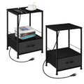 Black Nightstand with Charging Station, Bedside Table with USB Ports & Fabric Drawer, 2-Pack