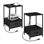 Black Nightstand with Charging Station, Bedside Table with USB Ports & Fabric Drawer, 2-Pack