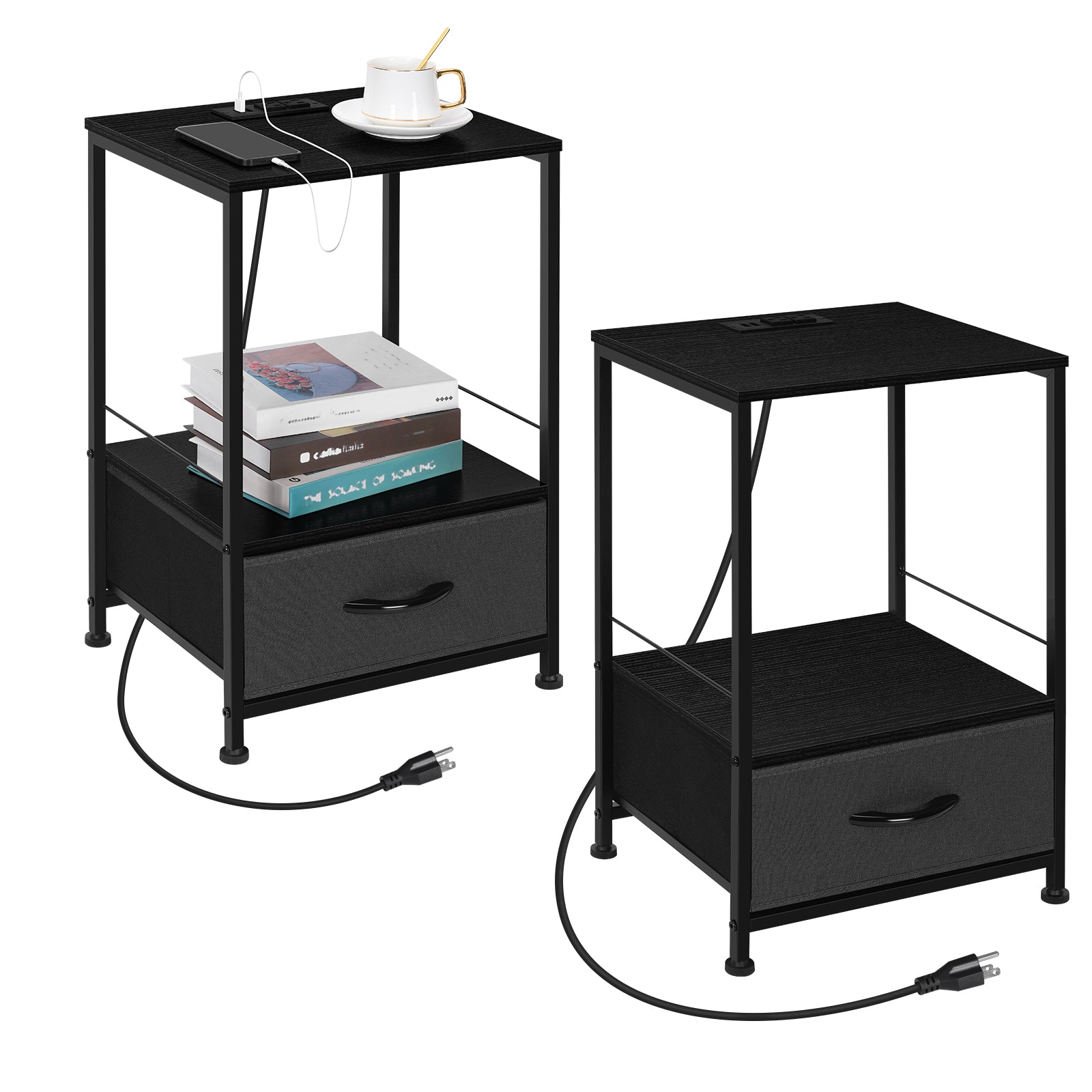Black Nightstand with Charging Station, Bedside Table with USB Ports & Fabric Drawer, 2-Pack
