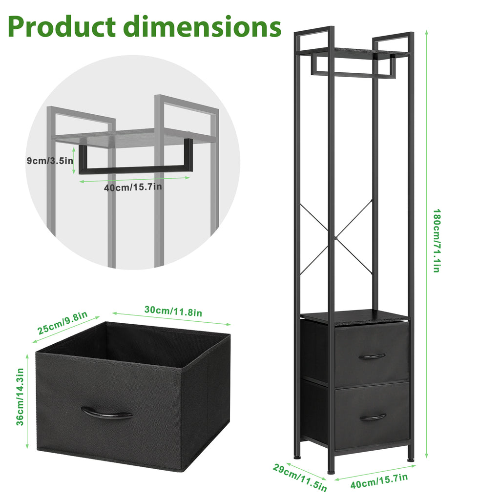 Heavy Duty Garment Rack (3 Tiers) - Freestanding Clothing Rack with 2 Fabric Drawers & Storage Shelves