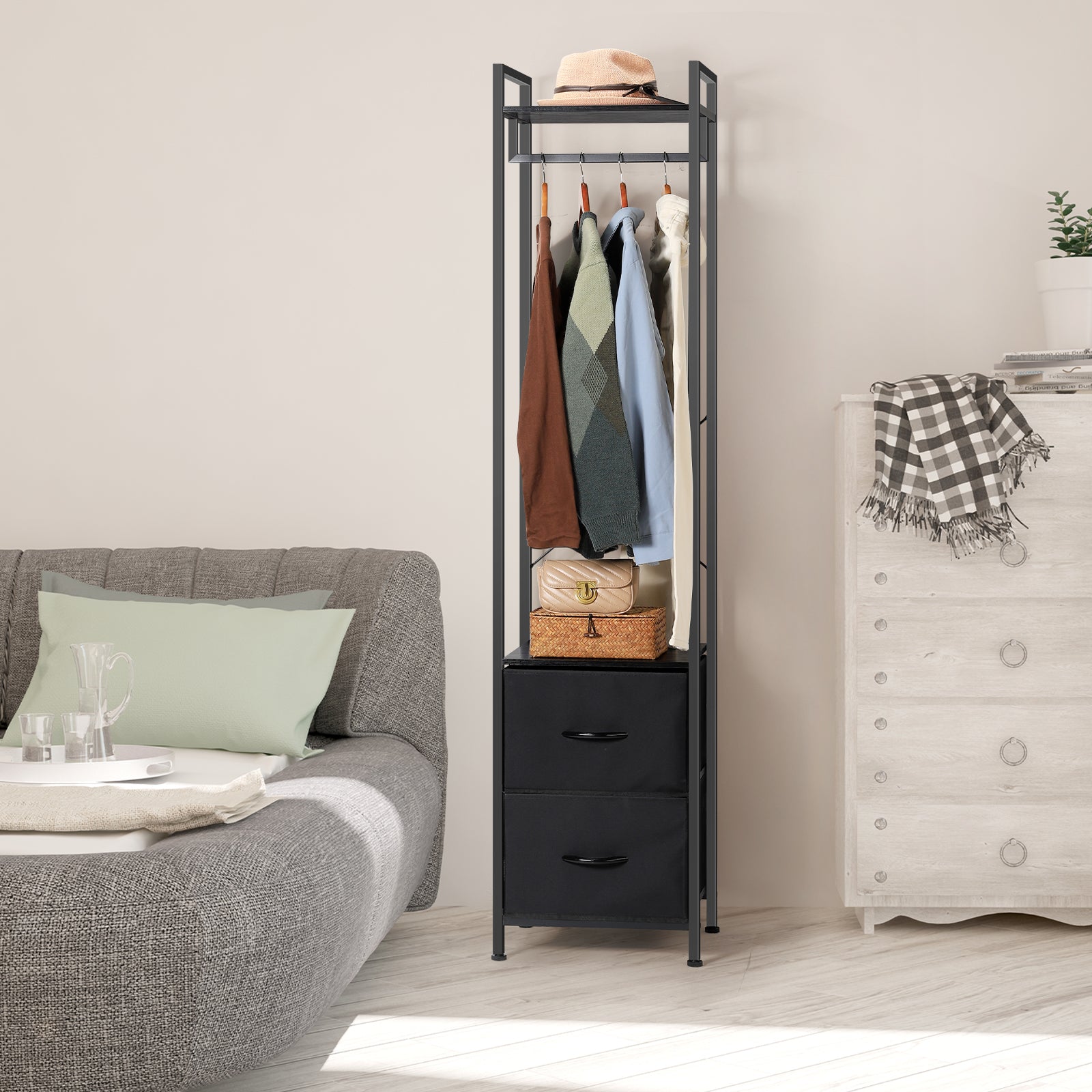 Heavy Duty Garment Rack (3 Tiers) - Freestanding Clothing Rack with 2 Fabric Drawers & Storage Shelves