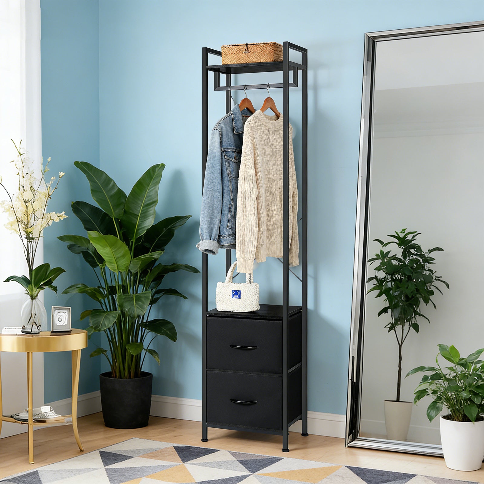 Heavy Duty Garment Rack (3 Tiers) - Freestanding Clothing Rack with 2 Fabric Drawers & Storage Shelves