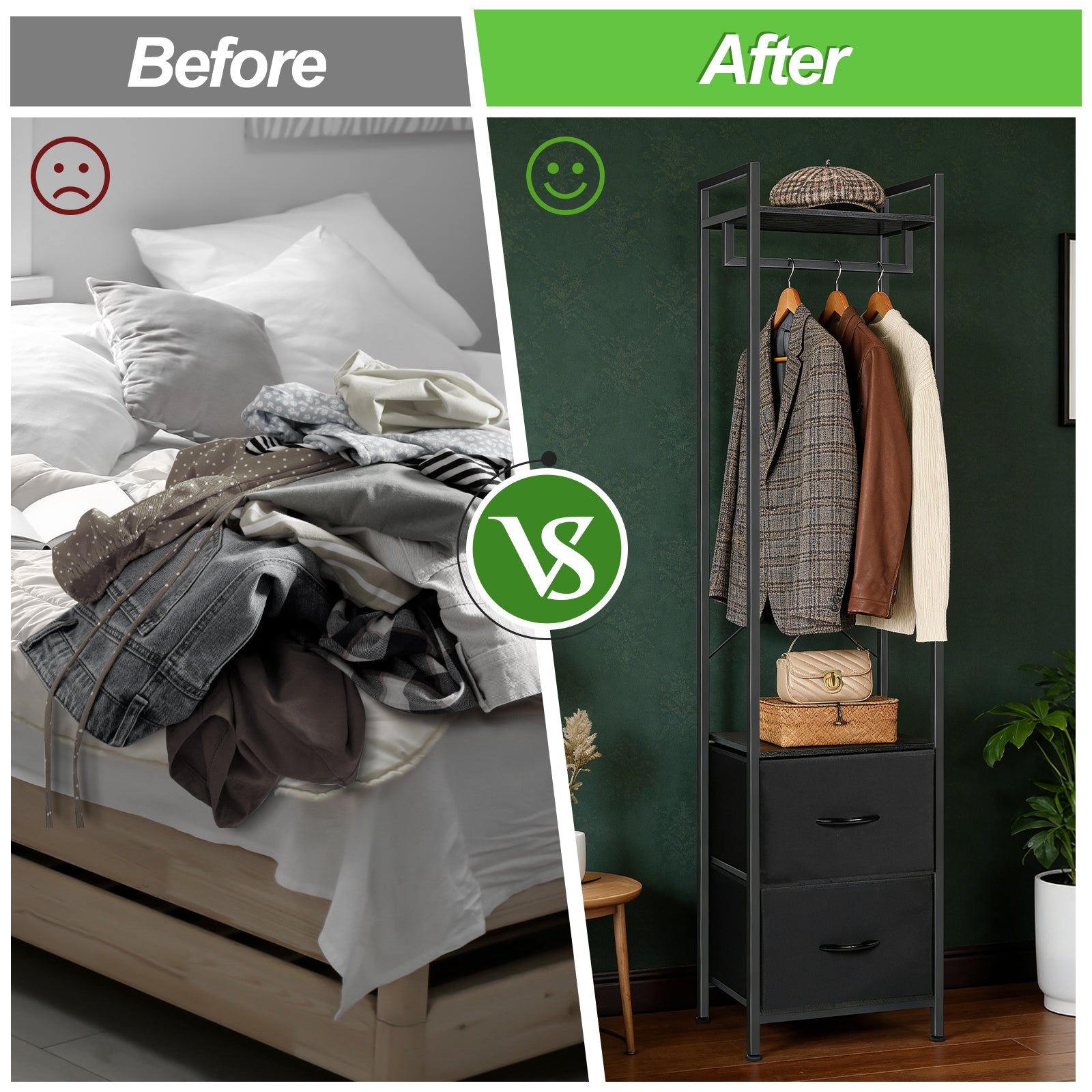 Heavy Duty Garment Rack (3 Tiers) - Freestanding Clothing Rack with 2 Fabric Drawers & Storage Shelves