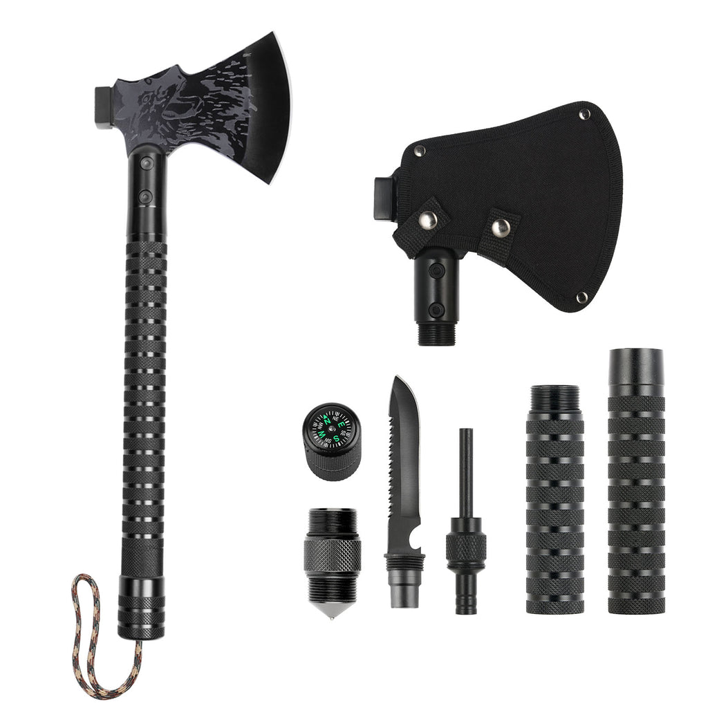 Multitool Camping Survival Axe, 18" Tactical Hatchet with Hammer, Compass, Knife, Flint, Whistle, Portable Emergency Tool for Hiking, Backpacking & Hunting
