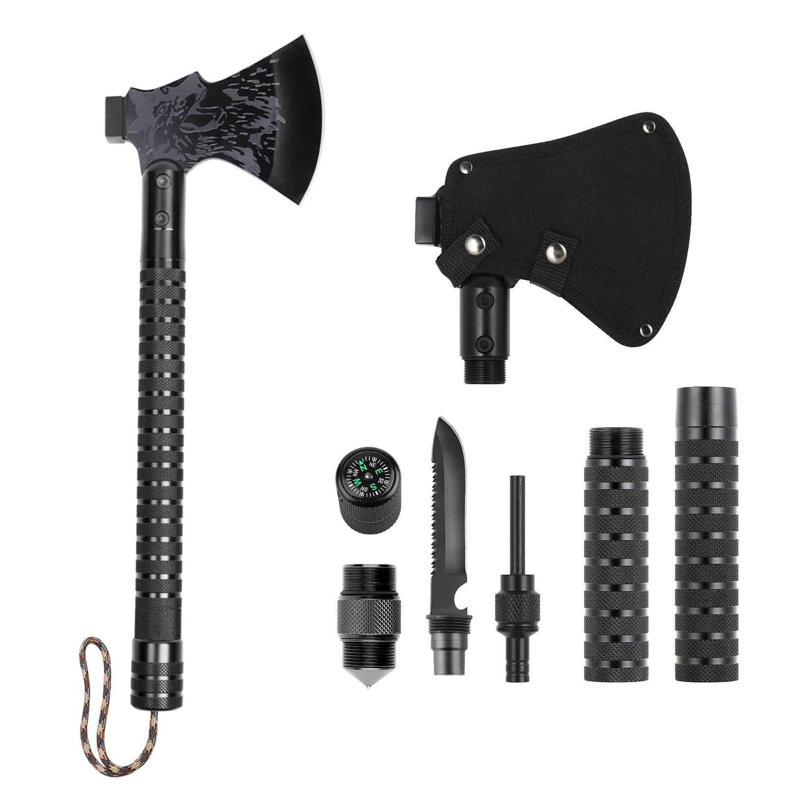Multitool Camping Survival Axe, 18" Tactical Hatchet with Hammer, Compass, Knife, Flint, Whistle, Portable Emergency Tool for Hiking, Backpacking & Hunting