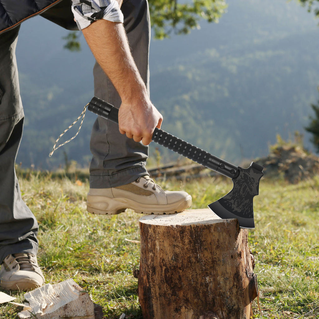 Multitool Camping Survival Axe, 18" Tactical Hatchet with Hammer, Compass, Knife, Flint, Whistle, Portable Emergency Tool for Hiking, Backpacking & Hunting