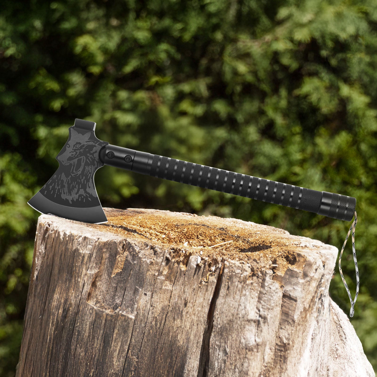 Multitool Camping Survival Axe, 18" Tactical Hatchet with Hammer, Compass, Knife, Flint, Whistle, Portable Emergency Tool for Hiking, Backpacking & Hunting
