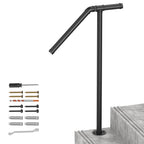 Single Post Outdoor Stair Handrail - Wrought Iron Transitional Porch Railing for 1-2 Steps, Black